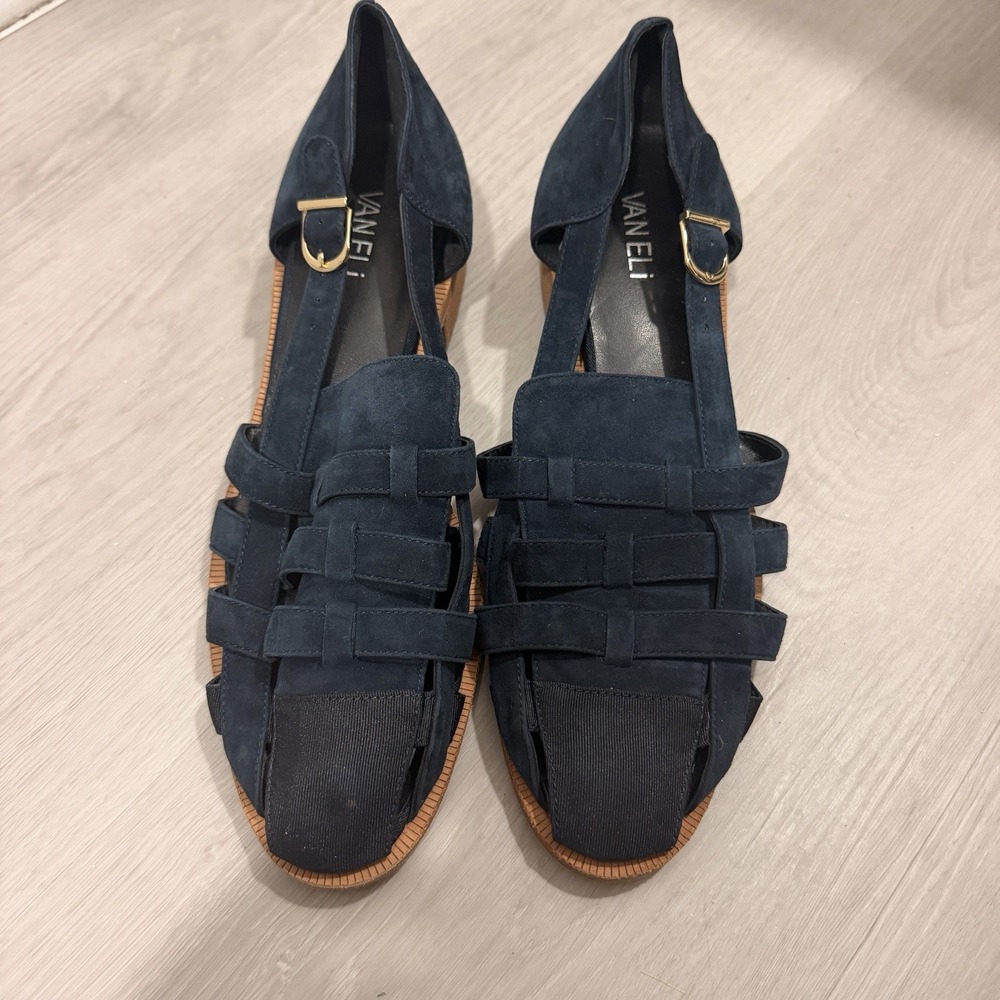 VANELi Womens 9N Navy Blue Suede Fisherman Sandals Woven Slingback Leather